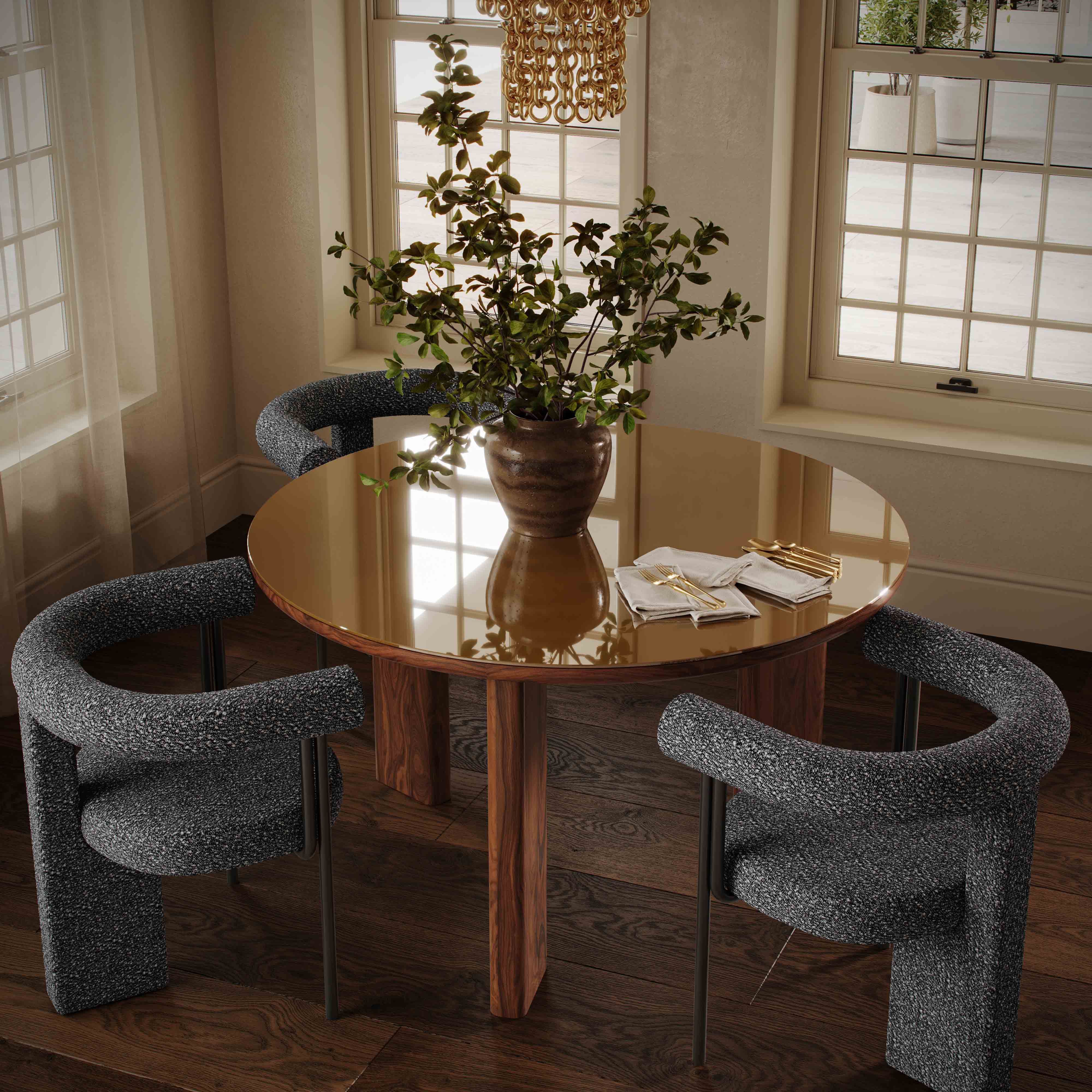 Oani 51" Walnut and Glass Round Dining Table