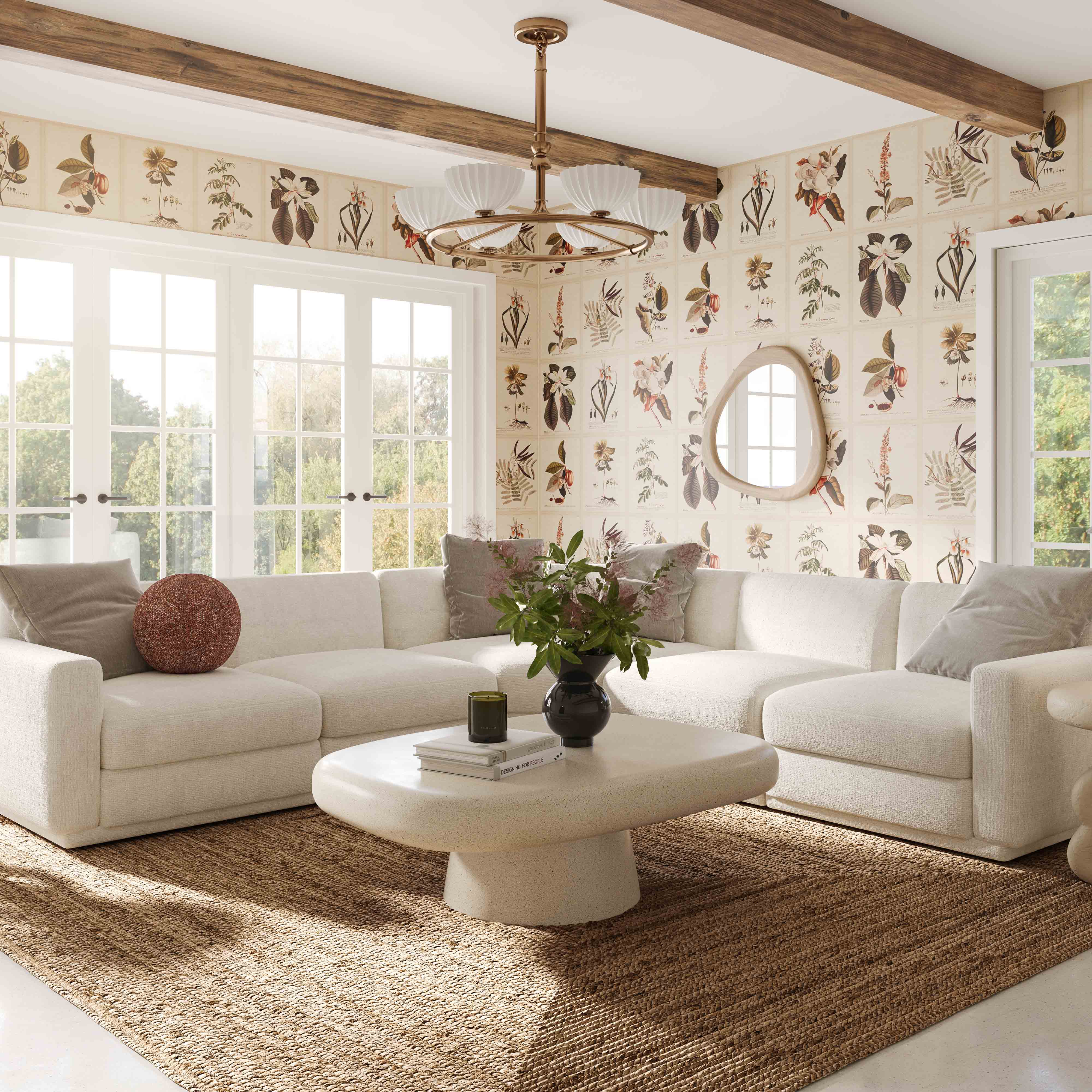 Perry 124" Cream Performance Chenille Modular Long Sofa
